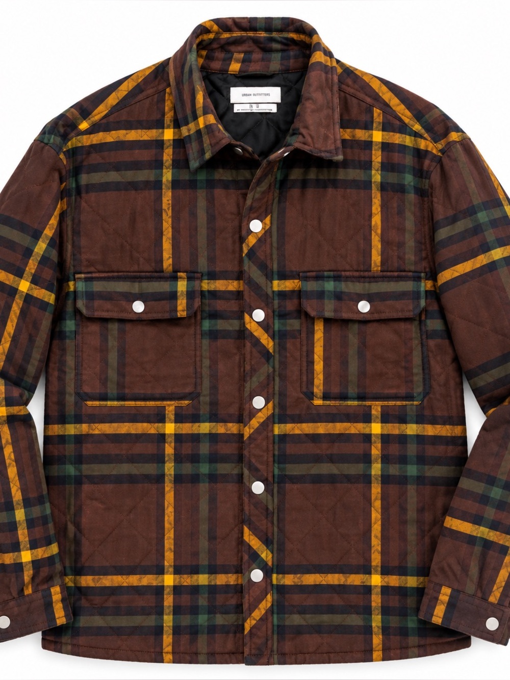 Urban Outfitters Quilted Plaid Shacket Men’s Medium Brown Green Mustard